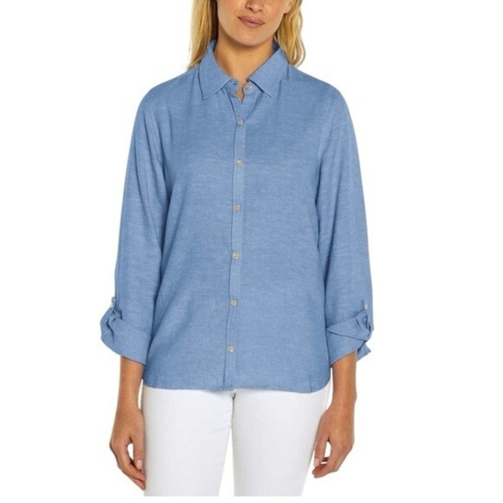 Orvis Womens Linen Blend Button Up Shirt Light Blue Long Sleeve Size M NWT